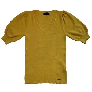 Tahari Ribbed Puff Sleeve V Neck Sweater Mustard Yellow S
